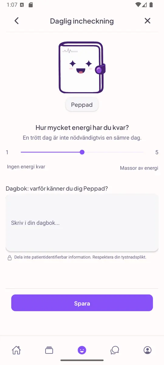 Vyn Daglig incheckning med humöret Peppad valt, ett reglage för hur mycket energi du har kvar och en dagbok.