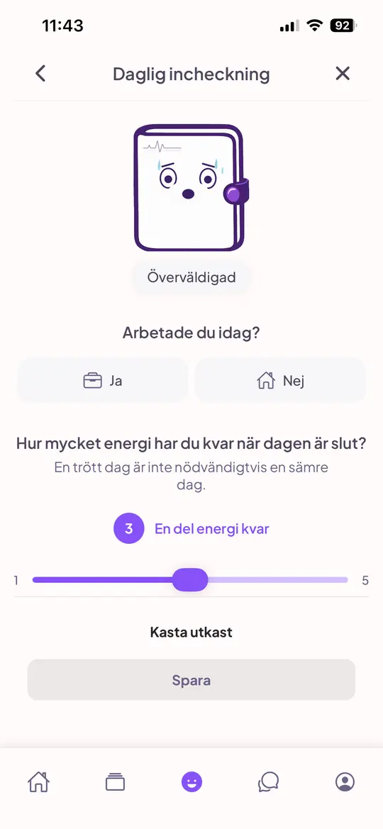 The daily check-in with the mood Overwhelmed, a question about whether you worked today and a slider for how much energy you have left.