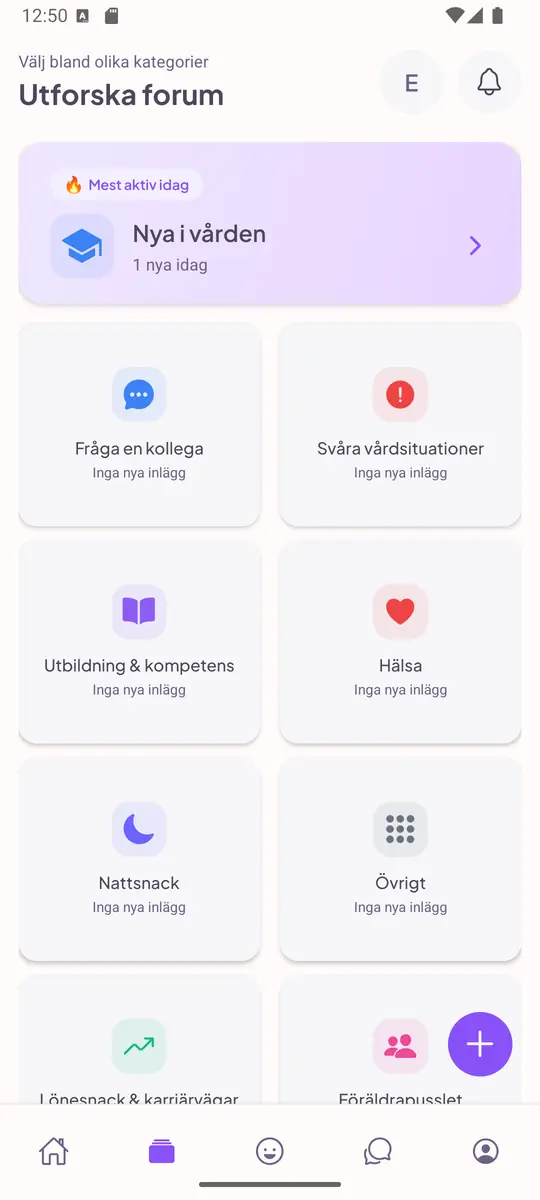 Forumöversikt med dagens mest aktiva kategori och kategorier som Fråga en kollega, Hälsa och Nattsnack.