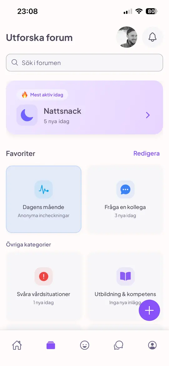 The forum overview with today's most active category, Night talk, the favourites Today's mood and Ask a colleague, and more categories.