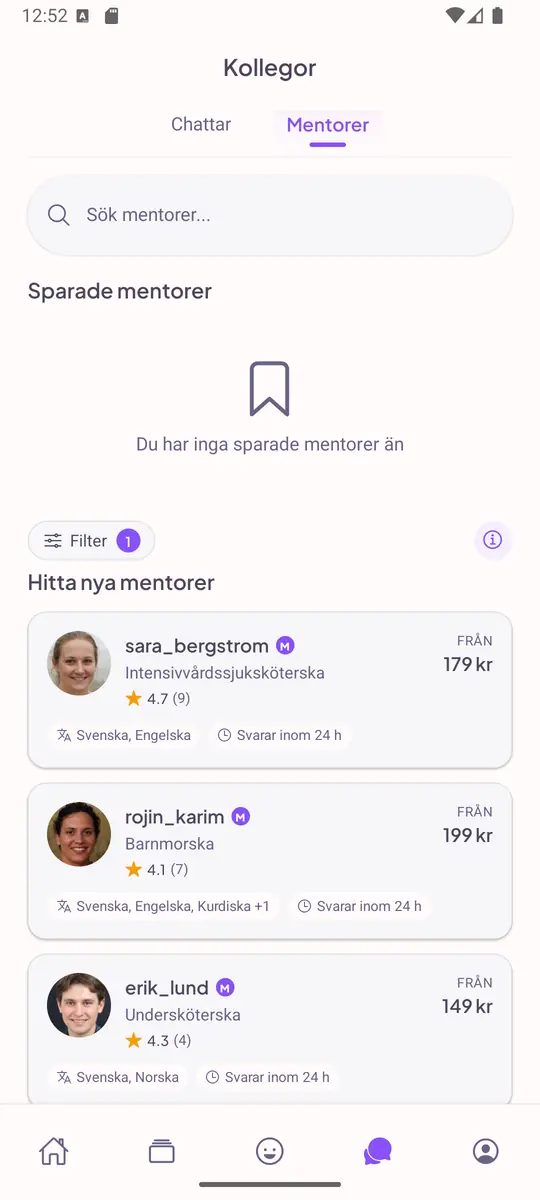Fliken Mentorer med sökfält, sparade mentorer och en lista med mentorer, deras yrkesroll, betyg, språk och svarstid.