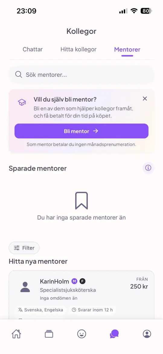 The Mentors tab with a search field, an invitation to become a mentor yourself, saved mentors and a list of mentors with their role, languages, response time and price.