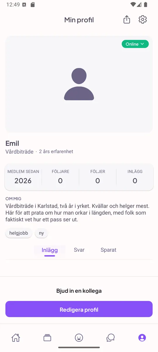Profilsidan med yrkesroll, erfarenhet, presentation och egna inlägg.